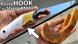 Turning a Rusty Steel Hook Into a Sharp Hunting KNIFE🗡|Restoration knife sharpening|