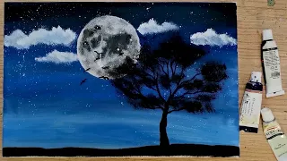 Simple Full Moon Painting / Acrylic Landscape Painting / Acrylic Painting For Beginners