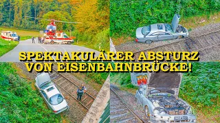 [SPEKTAKULÄRER ABSTURZ VON ZUGBRÜCKE] - MERCEDES FLIEGT 10 METER IN DIE TIEFE - | FEUERWEHR | RTH