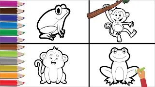 how to draw animal -  monkey and frog drawing easy step by step - easy drawings for kids