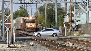 Car Runs The Crossing With Train Coming!  LONG Train Leaves CSX Interchange, Enters Norfolk Southern