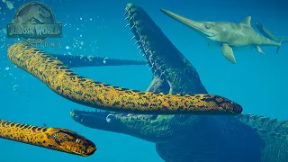 TITANOBOA SERPIENTE ATACA A TODOS LOS DINOSAURIOS REPTILES MARINOS! mod Jurassic World Evolution 2