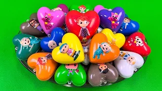 Mixing Rainbow CLAY with Pinkfong, Hogi, Cocomelon inside Mini Heart Coloring! ASMR