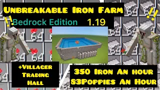Unbreakable IRON FARM + Villager Trading Hall Tutorial Minecraft Bedrock - Easy - Works - Fast