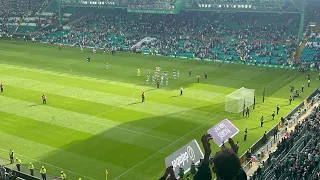 CELTIC FANS CELEBRATING WITH ANGE POSTECOGLOU AFTER BEATING HEARTS 2-0 !!!!!