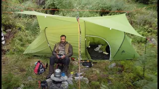 Tent Camping in the Rain - tarp, campfire steak