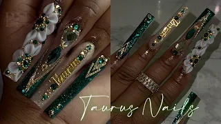 EMERALD GREEN BLING NAILS 💚✨| 3D FLOWERS | ZODIAC SERIES : TAURUS ♉️