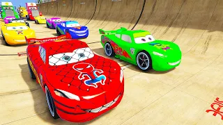 SPIDERMAN McQueen and Friends Long JUMP Challenge ! SUPERHEROES HULK Disney Cars MACK TRUCK  - GTA V