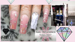 Long Square Polygel/Acrygel Nails | SBD London Signature Gel & Dual Forms | Pink Holo & Marble