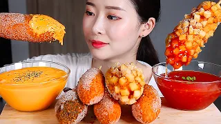 CHEESY CORN DOG with Extra Cheddar Cheese Sauce and Sweet Chili Sauce ASMR Mukbang Eating Show
