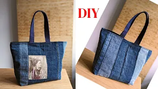 DIY denim tote bag, sewing your fabric scraps DIY, zero waste sewing project.