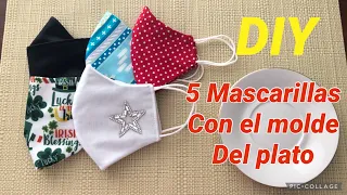 5 MASCARILLAS con Filtro y  el Mismo Molde  del Plato-Cubrebocas - DIY -5 Homemade Face Mask