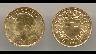 Нумизматика. Золотая монета. Швейцария, 20 франков 1935 года.  Choice Uncirculated.