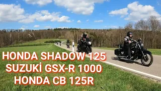 Honda Shadow 125. Autobahn.  Honda CB 125R.  Suzuki GXS-R 1000 - Motorrad Tour