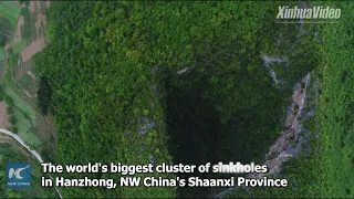 Aerial view of world's biggest cluster of sinkholes in NW China