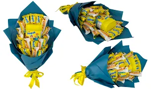 A bouquet of chocolate in 10 minutes. Bouquet of sweets and milkshake Nesquik for children