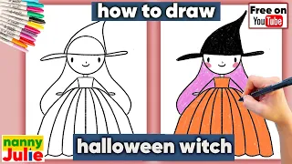 How to draw kawaii Halloween witch for kids | How to draw a girl | Nanny Julie