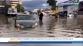 Дубай: кучли ёмғир ёққани туфайли Дубайда йўллар ва метро сув остида қолди.