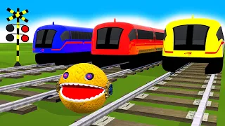 【踏切アニメ】あぶない電車 TRAIN Vs MS PACMAN Vs Nick and Tani【カンカン】Railroad Crossing Animation Train ふみきり#1