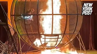 ‘Globe of Death’ motorcycle stunt goes up in flames