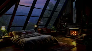 Relieve Stress With Lightning - Rain And Crackling Fireplace In Wooden House - Relaxing music