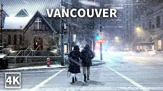 【4K】Downtown Vancouver Night Walk in Heavy Snow | Canada (Sounds Of Snowfall)