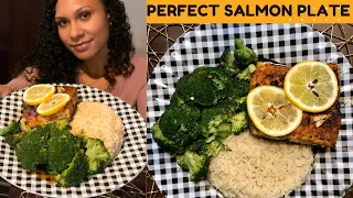 EASY Lemon Pepper Garlic Butter Blackened SALMON, with SAVORY Broccoli, & FLUFFY Brown Rice