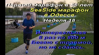 Первый марафон в 56 лет. SeaSide марафон Одесса. Неделя 18 Интервальная 8 раз по 800. Бегу с травмой