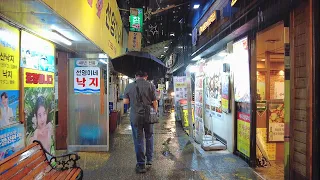 Heavy Rain Walk at Night, Alleyways in Downtown Seoul - Stress Relief Sounds, 4K Rain Ambience