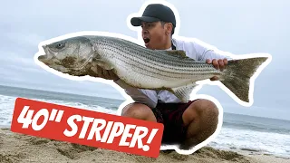 Catching the BIGGEST Fish of my Life!!! (40" Striped Bass on CA Surf)