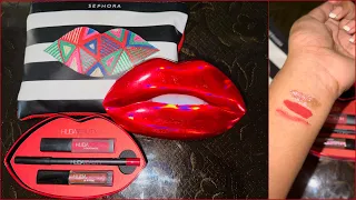 Huda Beauty combo lip set | Lip strobe - Shameless, Lipstick & Contour - Heartbreaker | Red |Sephora
