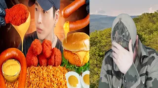 ASMR Mukbang - Sausage, Fire Noodles, Shrimp Burger, Fried Chicken, Eggs - Recipe - Reaction! (BBT)