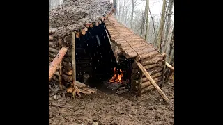 3 Days Bushcraft Winter Camping at Primitive Survival Shelter with my Dog, Nature Movie, DIY, ASMR