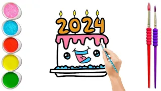 Happy New Year Cake 2024 Drawing Painting Coloring For Kids