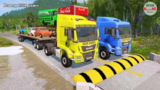 Double Flatbed Trailer Truck Tractor vs Train cars vs rails beamng dior games 605