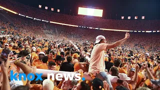 Tennessee football fans take down goal posts at Neyland Stadium after beating Alabama 52-49