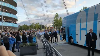 Manchester City bus arrives at Etihad stadium against Borussia Dortmund