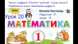 Математика 1 клас Листопад с 22 Урок 20  Число і цифра 6 Поняття шостий Склад числа 6