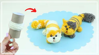 Amazing Cute Yarn Cat Making 🐱 How to make a cat of yarn and a paper tube 💛 Woolen Craft