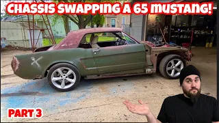 CUTTING UP A PERFECT NEW CAR! 1965 MUSTANG BODY GETS NEW CHASSIS! KUSTOM FORD RAT ROD BUILD! PART 3