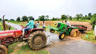 John deere 5045D tractor stuck in mud with loaded trolley |takes help Mahindra tractor|