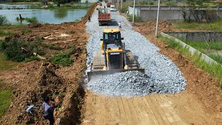 Epic Moment Of Work Fantastic Dump Trailer Unloading and Bulldozer Working  Pushing Gravel