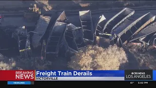 Freight train carrying iron ore derails in Victorville