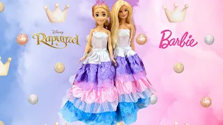 Barbie Twins with Princess Rapunzel Matching Dresses! Doll clothes in Castle