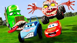 Angry MACK TRUCK and Zombie Monster Truck vs Lightning McQueen and MATER PIXAR CARS in BeamNG.Drive