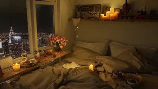 4K Cozy Bedroom With a Rainy Night View of the NYC - Smooth Jazz Piano to Relax and Sleep