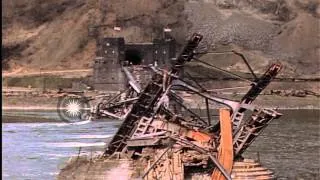 Damaged and twisted Ludendorff Bridge at Remagen, Germany, during World War 2; Am...HD Stock Footage