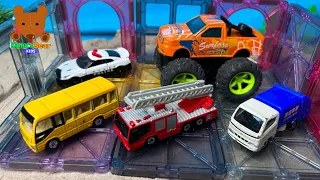 Police Car, Fire Truck, Monster Truck Park in a Multi-Story Parking Lot 【Construction Vehicles】