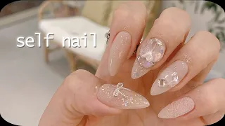 Self nail | 레이스리본🎀 네일리스트의 셀프네일 (포인티드쉐입, 세로그라데이션, 뿌리는글리터네일) sub