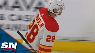 Flames' Elias Lindholm Winds Up To Blast Slapshot Into Top Corner vs. Ducks